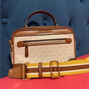 Michael Kors Tan and Brown Crossbody Bag with Yellow Strap